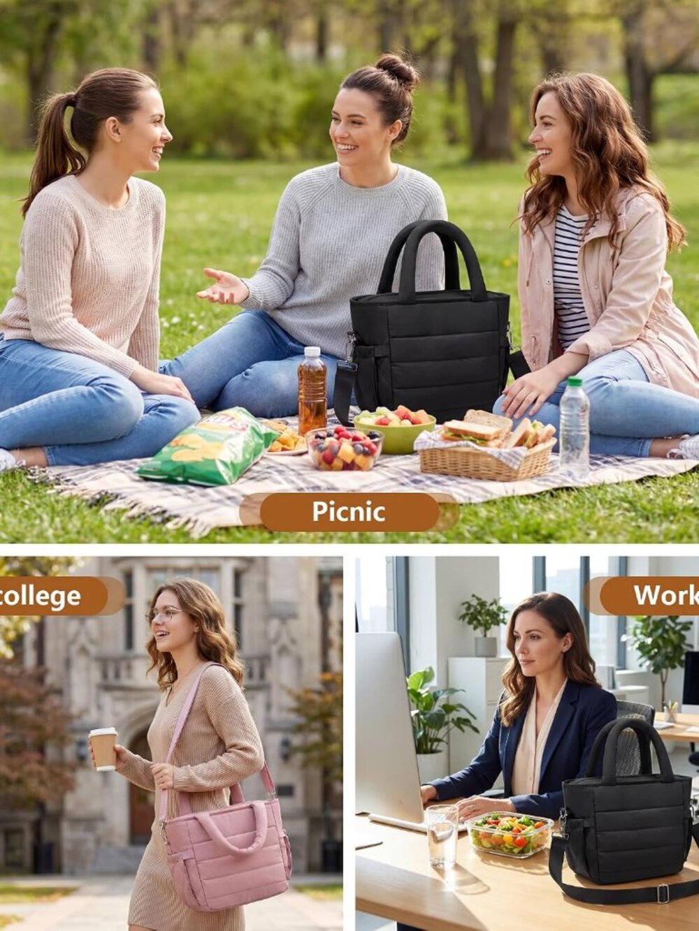 Insulated Lunch Box Tote Bag, 12L Stylish Puffer Soft Lunch Bag for Women, Leakp - Picture 7 of 8